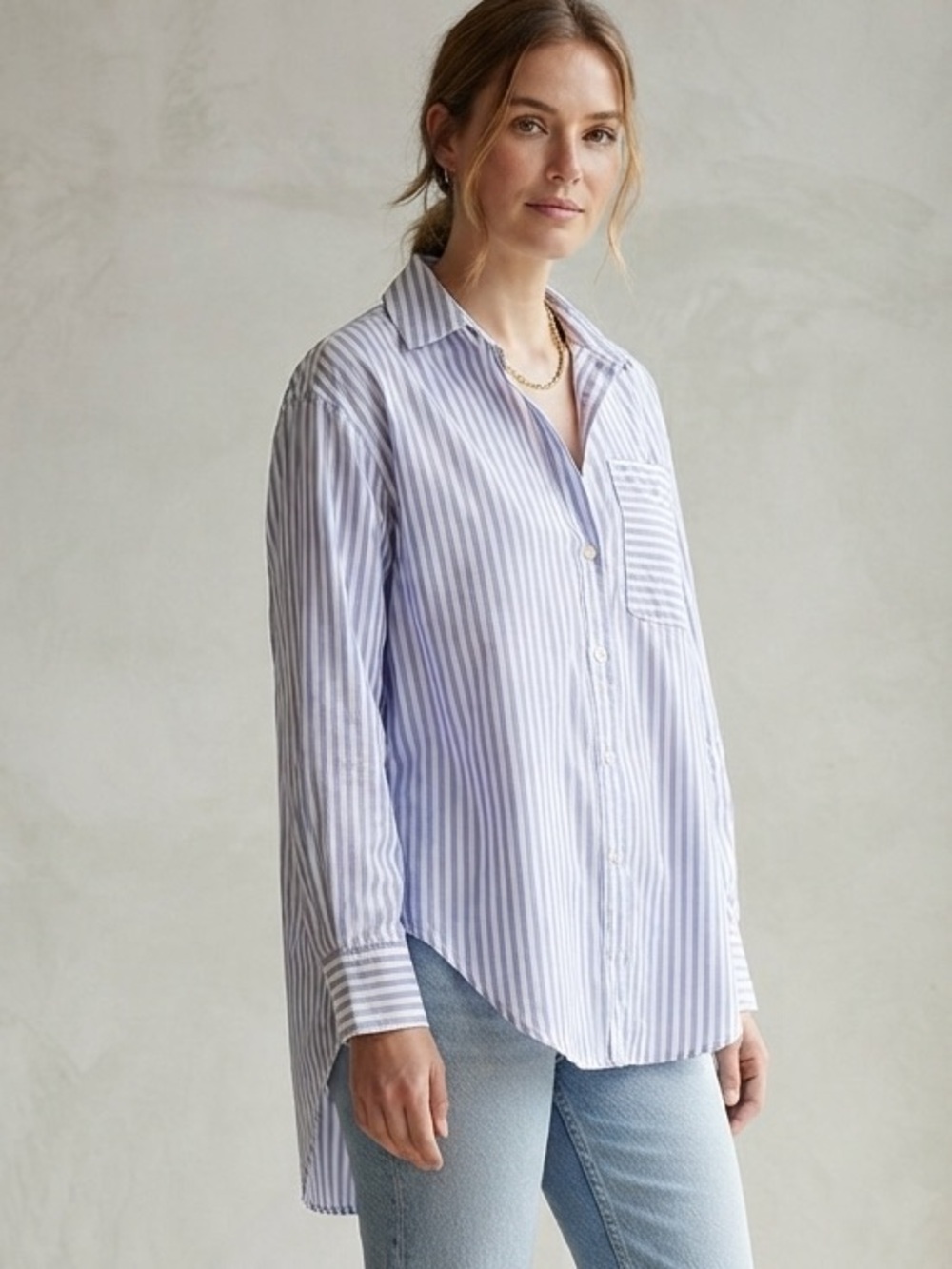 & Other Stories Sz 10 (42) High Low Cotton Relaxed Button Front Strip Shirt